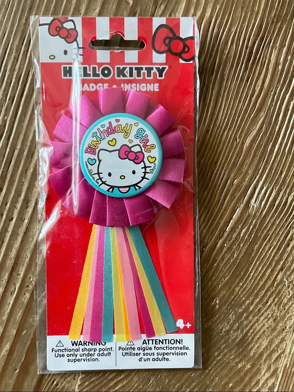 Hello Kitty Pink Birthday girl Ribbon Badge with Rainbow Streamers